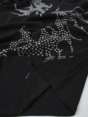 Rhinestone quarter zip shirt – Black, studs and hem slit close-up | XoKool