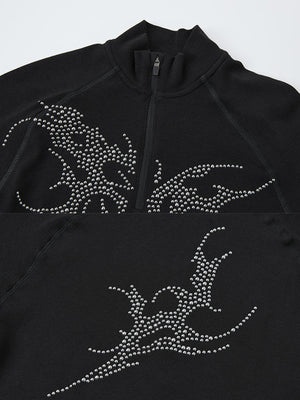 Rhinestone quarter zip shirt – Black, zip and studs close-up | XoKool