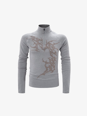 Rhinestone Quarter Zip Long Sleeve Shirt with Tribal Flames – Grey, front flat view | XoKool
