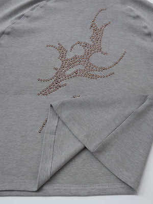 Rhinestone quarter zip shirt – Grey, stud design and hem slit close-up | XoKool