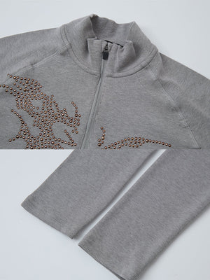 Rhinestone quarter zip shirt – Grey, zip and studs close-up | XoKool
