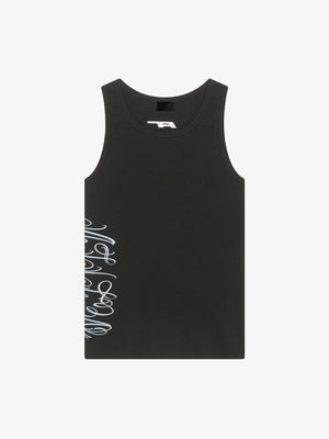 Ribbed Fitted Tank Top with Script Print – Black, front flat | XoKool