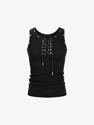 Ribbed Lace-Up Tank Top with Grommets – Black, flat front | XoKool
