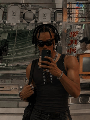 Ribbed Lace-Up Tank Top with Grommets – on model, Black, mirror selfie | XoKool