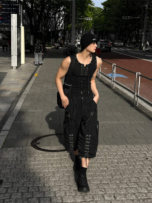 Lace-up tank top – on model, Black, street full | XoKool
