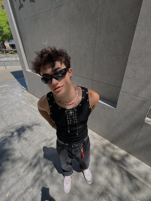 Ribbed Lace-Up Tank Top with Grommets – on model, Black, street | XoKool