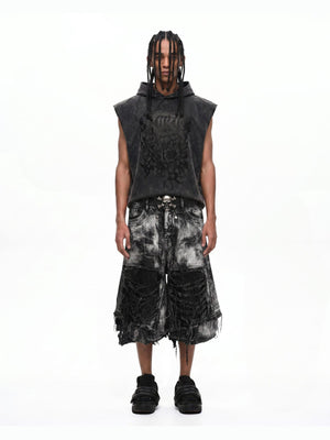 Jorts baggy rotos con bajo deshilachado – en modelo, frente, gris oscuro | XoKool