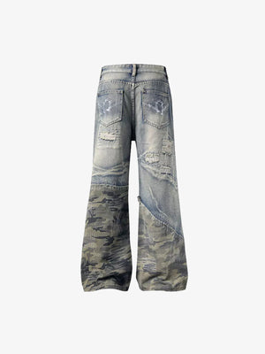 Ripped Camo Patchwork Jeans – back flat lay | XoKool
