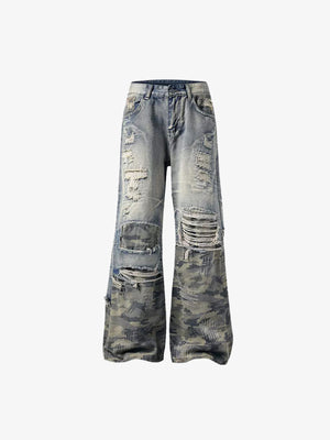 Ripped Camo Patchwork Jeans – front flat lay | XoKool