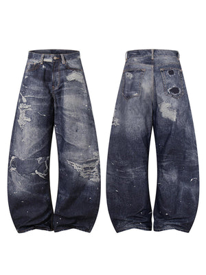 Ripped Dark Wash Barrel Jeans – front and back flat | XoKool