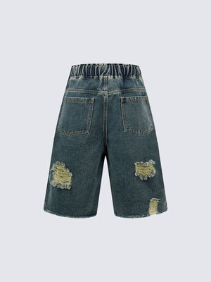 Ripped Drawstring Denim Shorts with Side Stripes – Blue, back flat | XoKool