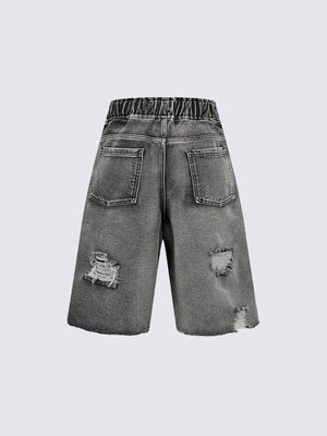 Ripped Drawstring Denim Shorts with Side Stripes – Washed Grey, back flat | XoKool