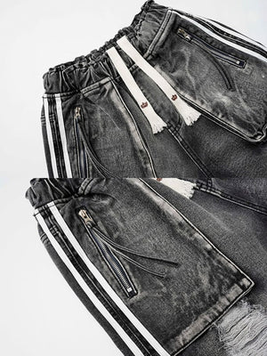 Drawstring denim shorts – Washed Grey, drawstring and stripe detail | XoKool