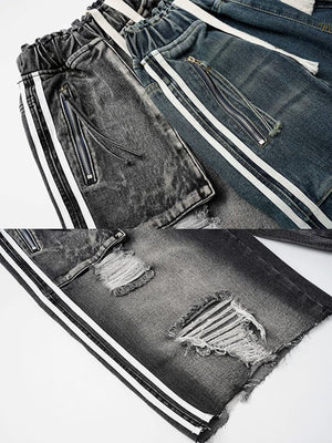Drawstring denim shorts – Washed Grey, side stripe and rip detail | XoKool
