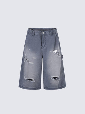 Carpenter Jorts im Used-Look mit Rissen – Faded Graublau, Vorderansicht flach | XoKool