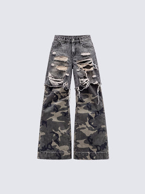 Ripped Grey Camo Wide Leg Jeans – front flat | XoKool