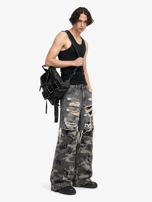Ripped Grey Camo Wide Leg Jeans – on male model, side | XoKool