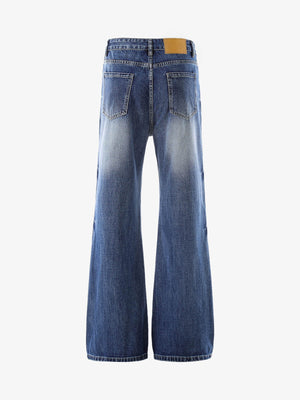 Ripped Knee Flare Jeans – Mid Blue, back flat | XoKool