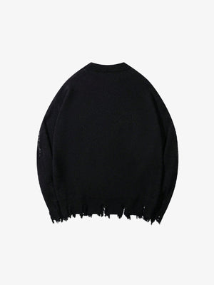 Ripped Star Burst Graphic Knit Sweater – Black, back view | XoKool