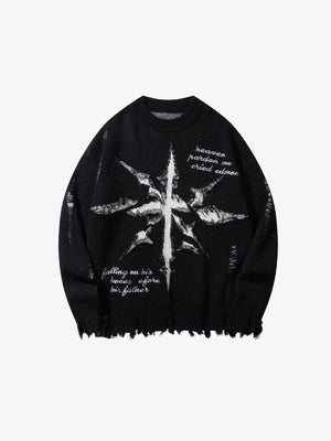 Ripped Star Burst Graphic Knit Sweater – Black, front view | XoKool
