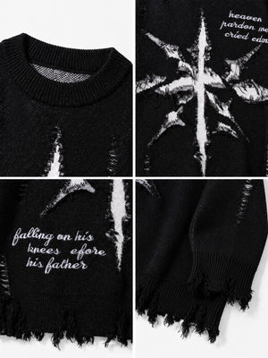 Ripped Star Burst Graphic Knit Sweater – neckline, graphic, text and hem close-ups | XoKool