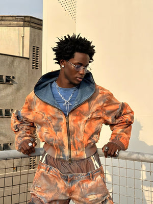 Rust Mud Dye Cropped Hooded Jacket – street photo, front | XoKool
