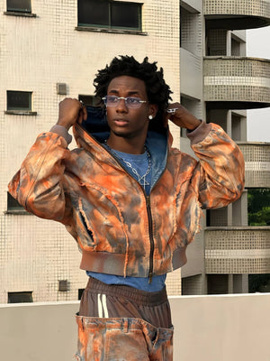 Rust Mud Dye Cropped Hooded Jacket – street photo, front | XoKool