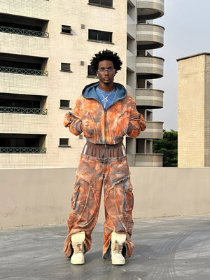 Rust Orange Mud Dye Double Waist Pants – street photo, front (with matching jacket) | XoKool