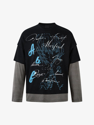 Script Print Layered Long Sleeve Shirt with Striped Sleeves – Black, front view | XoKool
