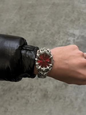 Sculpted Claw Bracelet Watch with Sunburst Dial – Red, on wrist | XoKool