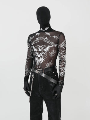 Sheer Mesh Mock Neck Top with Gothic Skull Print – on model, front | XoKool