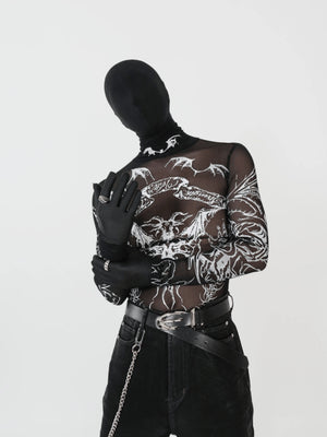 Sheer Mesh Mock Neck Top with Gothic Skull Print – on model, front | XoKool