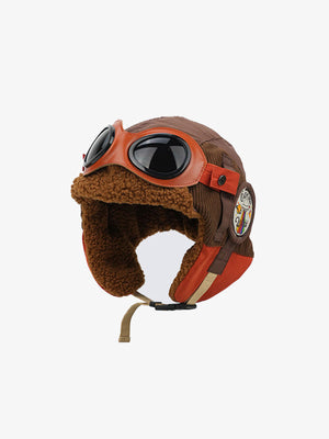 Aviator Pilotenmütze mit Sherpa-Futter und Brille – Braun, Schrägansicht von vorne | XoKool