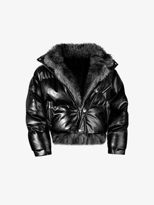 Shiny Faux Leather Puffer with Faux Fur Collar – Black, front view | XoKool
