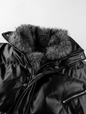 Shiny Faux Leather Puffer with Faux Fur Collar – collar and zip pocket close-up | XoKool