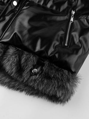 Shiny faux leather puffer – zip pocket and fur hem close-up | XoKool