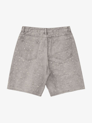 Straight Leg Distressed Denim Shorts – Grey, back view | XoKool