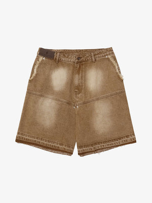 Beige Carpenter Jorts mit unversäubertem Saum – Beigebraun, Vorderseite flach | XoKool