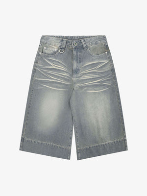 Baggy Jorts in heller Waschung mit Whiskering – Hellblau, Vorderseite flach | XoKool