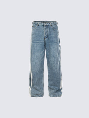 Side Stripe Wide Leg Jeans in Black or Blue – Blue, front flat | XoKool