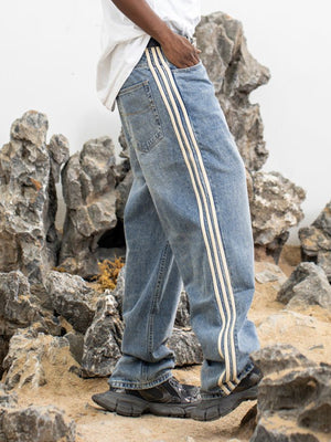 Side Stripe Jeans – Blue, on model side | XoKool