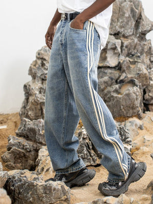 Side Stripe Wide Leg Jeans in Black or Blue – Blue, on model side | XoKool