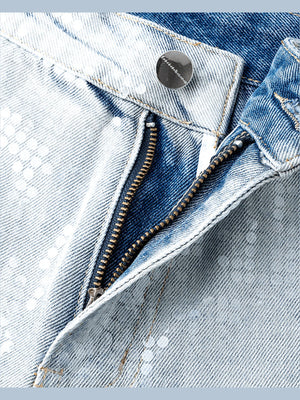 Silver to Blue Ombre Sequin Barrel Jeans – zip fly close-up | XoKool