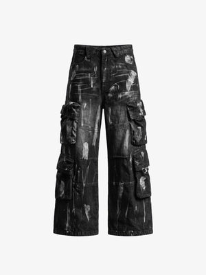 Silver Painted Black Cargo Jeans – Black, front flat | XoKool