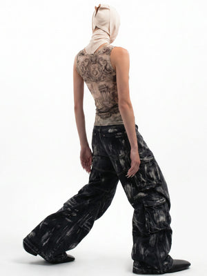 Silver Painted Black Cargo Jeans – On model, back, studio | XoKool
