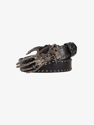 Skeleton Claw Hand Buckle Studded Belt – Black, product shot | XoKool
