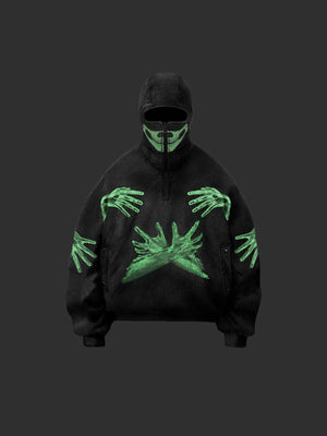 Skeleton Hand Half Zip Balaclava Hoodie – Black, front view, glow effect | XoKool