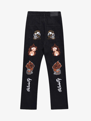 Jeans rectos con calavera y llamas bordadas – Negro, vista trasera | XoKool