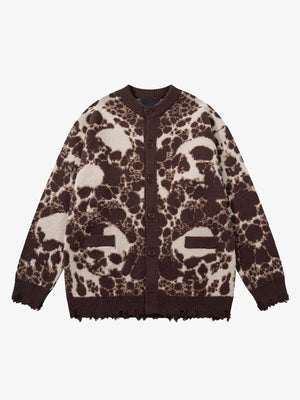 Skull Leopard Jacquard Button Cardigan – Brown Leopard, front view | XoKool
