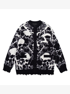 Skull Leopard Jacquard Button Cardigan – Black, front view | XoKool